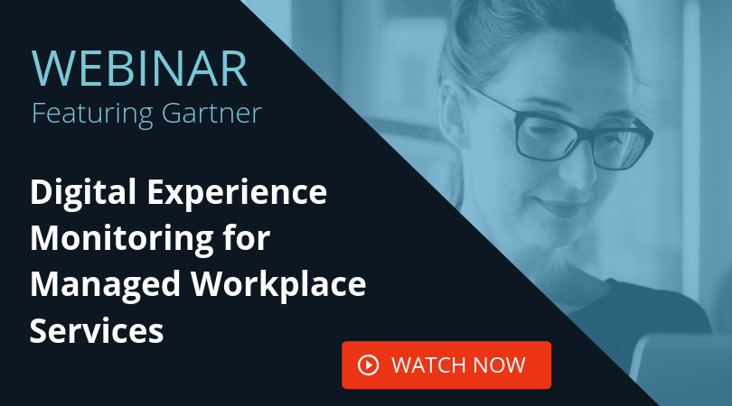 a promo image of a webinar featuring Gartner titled Digital Experience Monitoring for Managed Workplace Services with a CTA in white text and orange background.