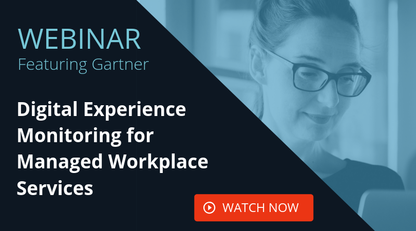 ein Werbebild für ein Webinar von Gartner mit dem Titel Digital Experience Monitoring for Managed Workplace Services mit einem CTA in weißem Text und orangem Hintergrund.