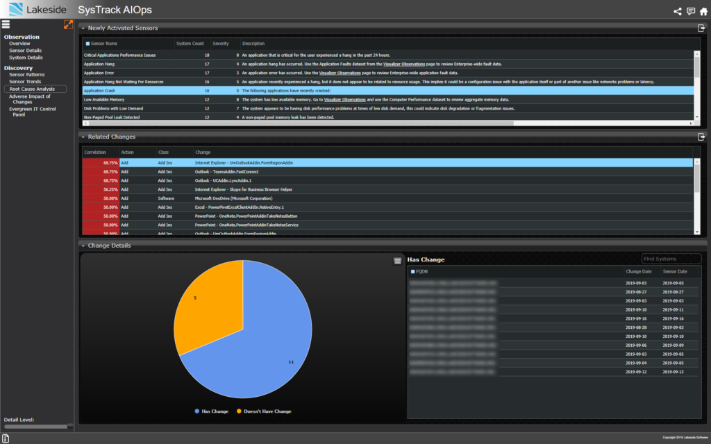 SysTrack AIOps dashboard performing root cause analysis for Windows 10 update problems