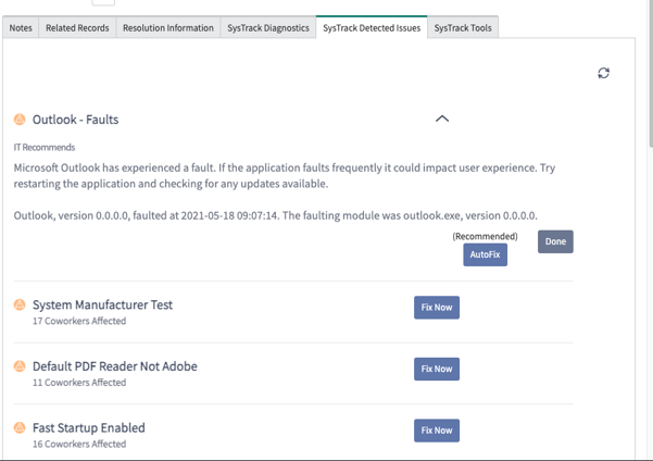 Lakeside Assist for ITSM shows auto-detected issues within the ServiceNow platform. Screen capture showing issues detected by Lakeside Assist for ITSM in ServiceNow