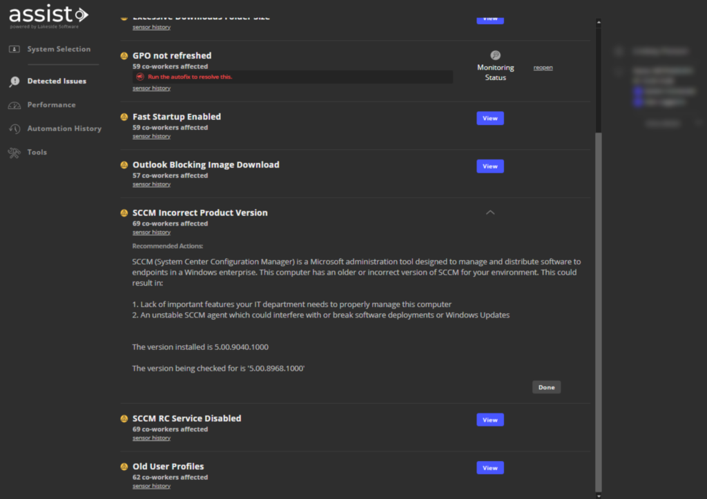 Lakeside Assist shows auto-detected issues for specific users, but also indicates which problems might be impacting other end users. Screen capture showing issues detected in Lakeside Assist