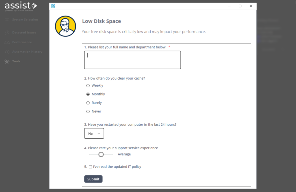 Screen capture showing a disk space survey engagement sent from Lakeside Assist