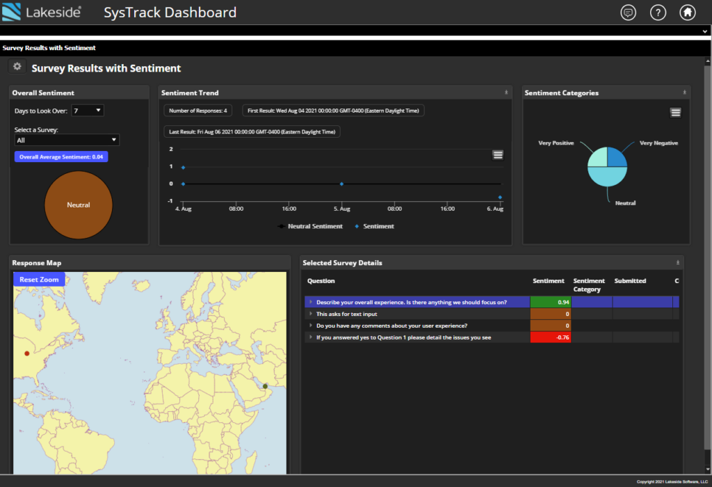 Lakeside Software Digital Experience Cloud dashboard showing survey results and sentiment data.