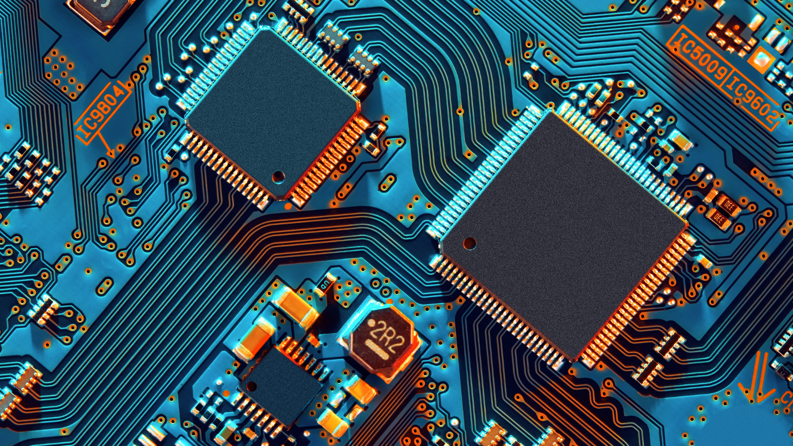 Micro chips on a circuit board.