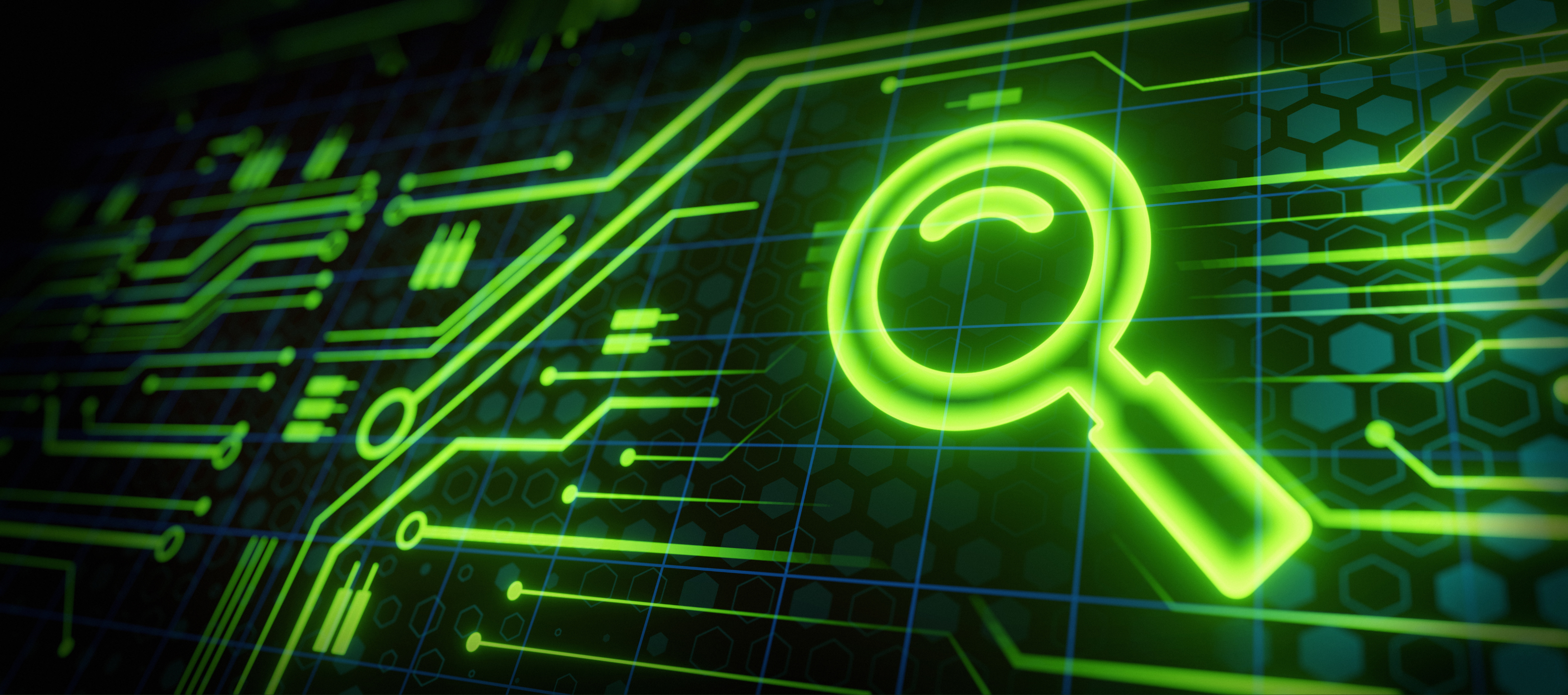 Graphic illustration of a magnifying glass icon on a circuitry background.