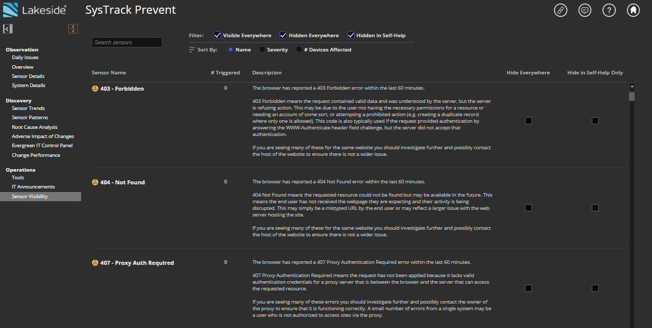 Administrators can now control which sensors to hide through Lakeside Prevent.