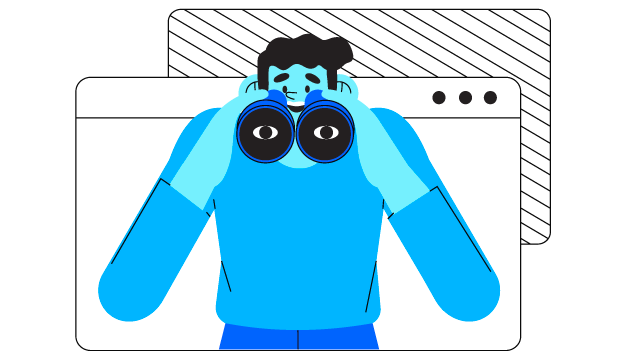 a caricature man in blue looking through a telescope making analysis standing in front of two application tabs