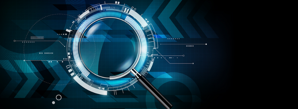 Graphic illustration of a magnifying glass against a digital background.