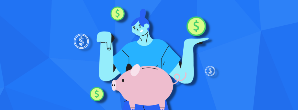 Graphic illustration showing a person balancing money over a piggy bank.