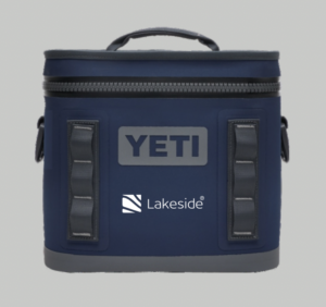 Image of navy blue yeti cooler with Lakeside Software logo