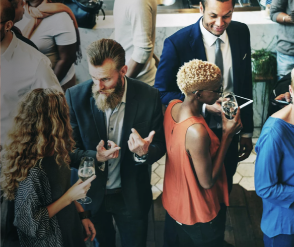 People eating and socializing at a reception