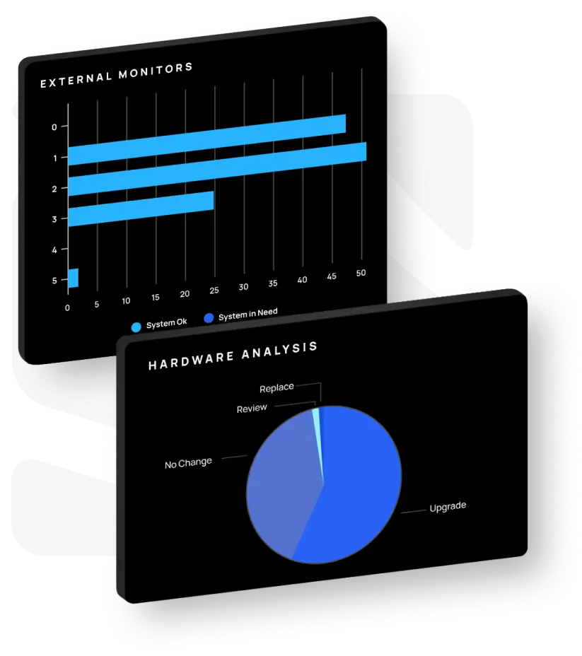 Two screens displaying diverse data in black and blue colors.