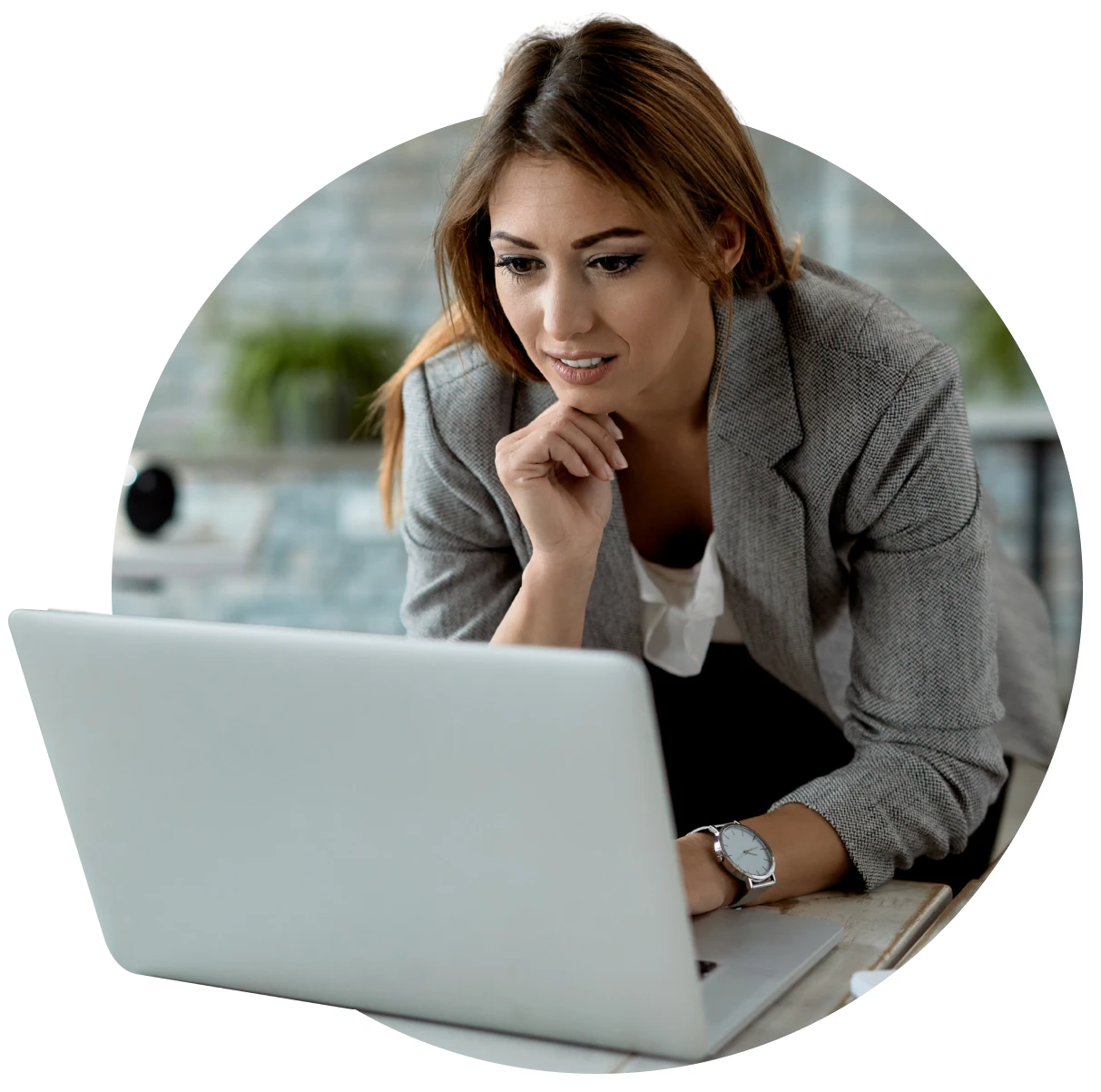 Young Business Woman Surfing Net Computer While Working Office