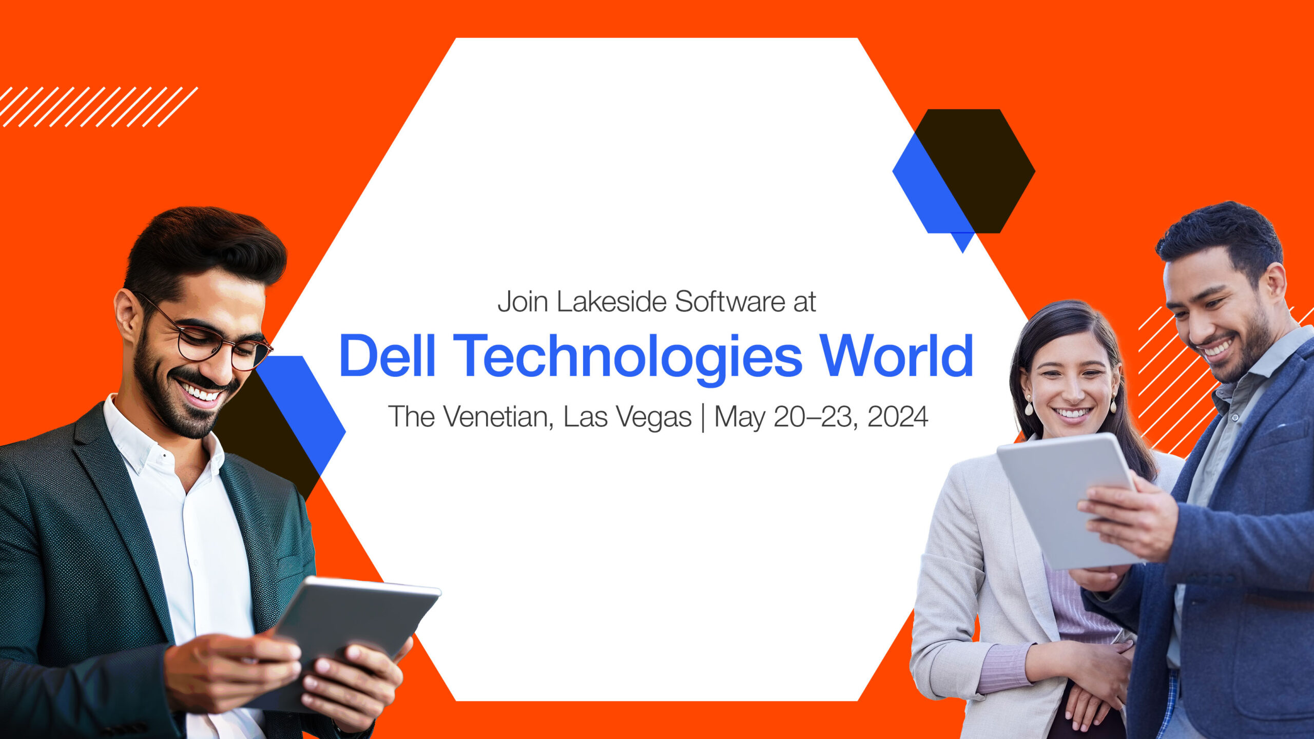 Three individuals holding tablets surrounding hexagon with the words "Dell Technologies World"