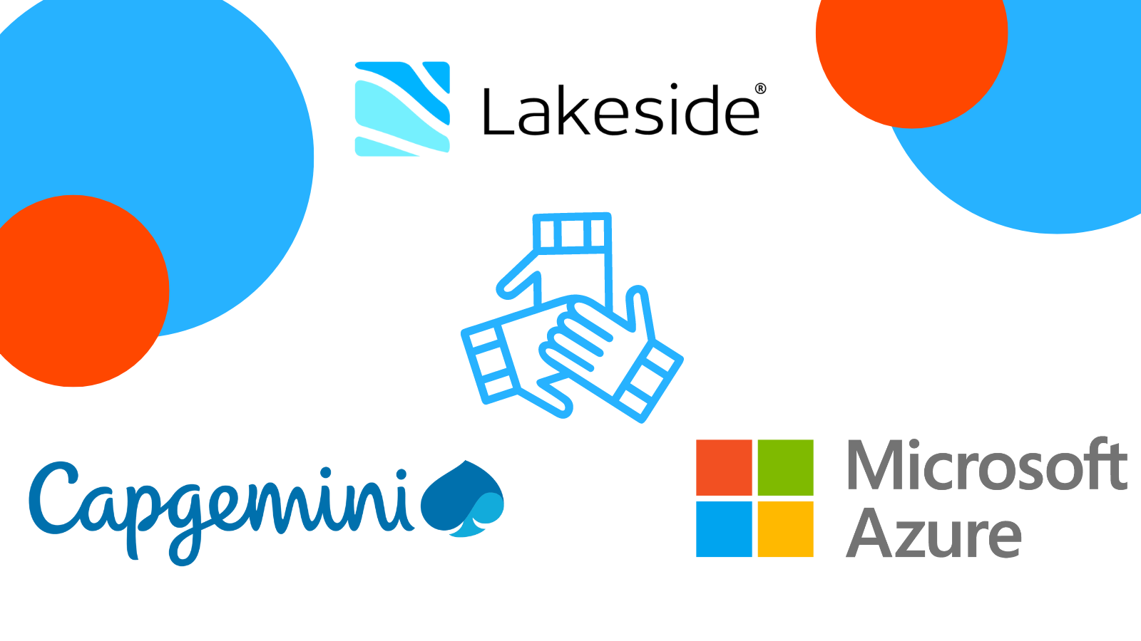 Die Logos von Lakeside, Capgemini und Microsoft Azure umgeben ein Symbol mit drei übereinander liegenden Händen.