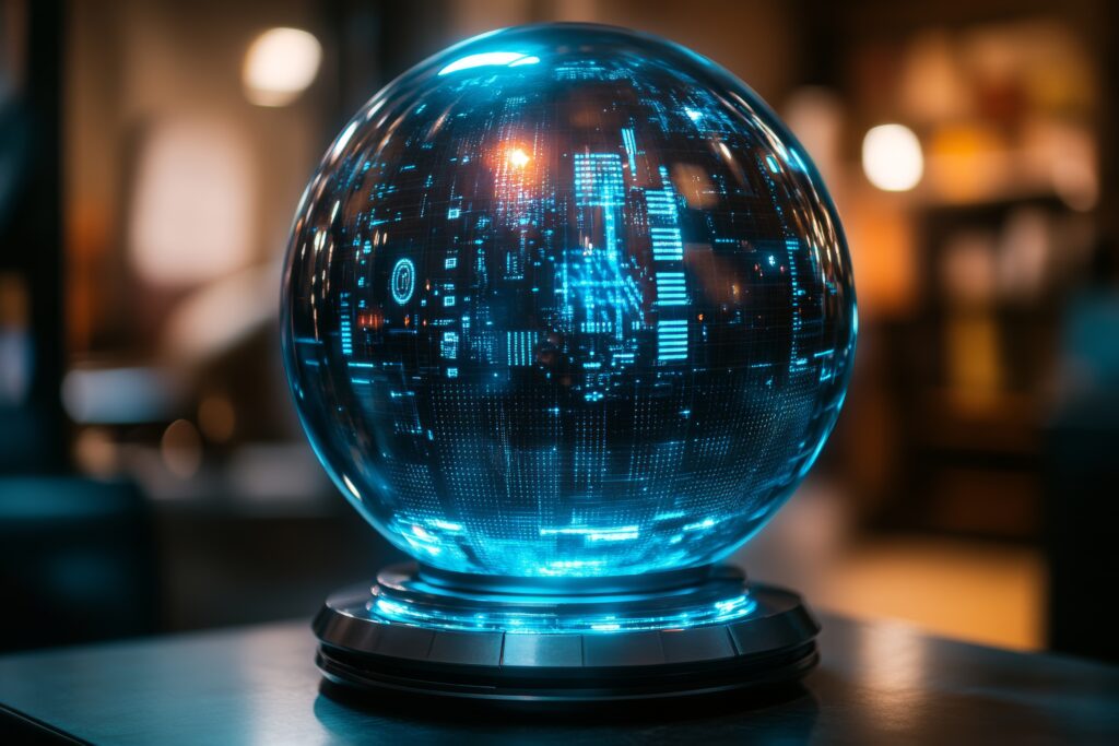 Futuristic crystal ball displaying hologram with glowing blue technology