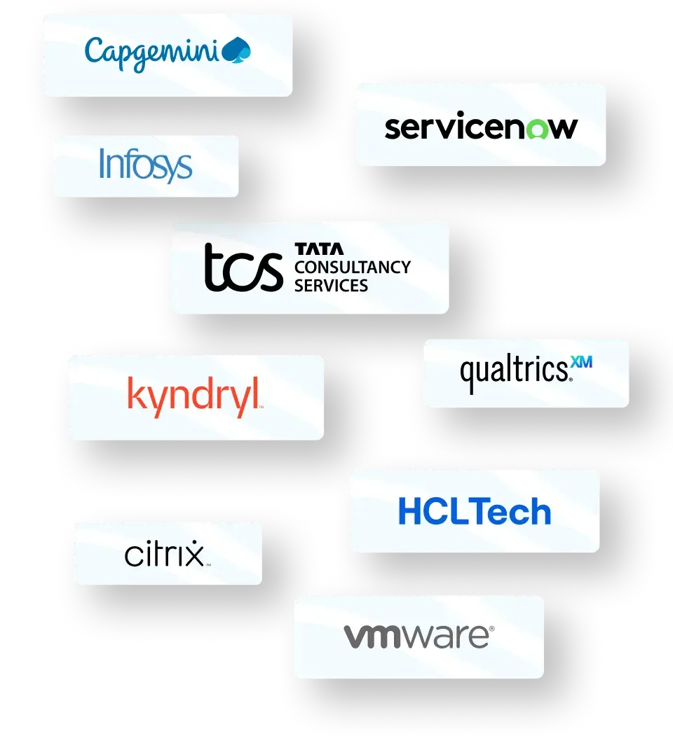 Logos of leading tech companies including Capgemini, Infosys, TCS, Kyndryl, and VMware, displayed in a clustered layout.