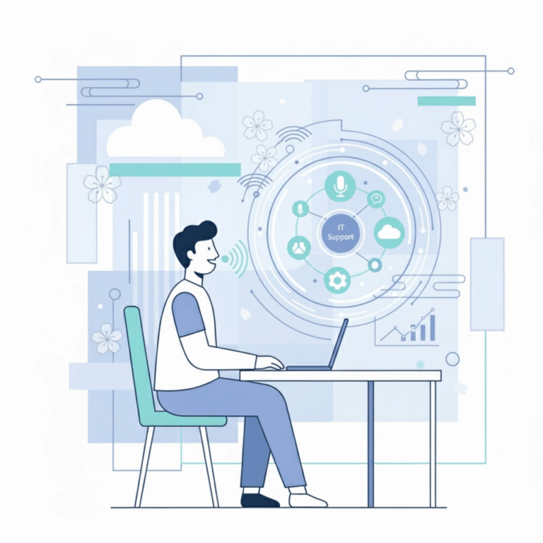 An illustration of a person accessing AI IT support on their laptop