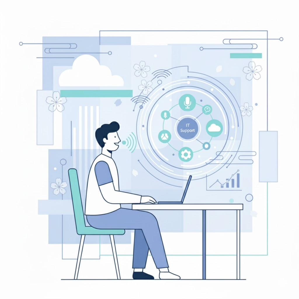 An illustration of a person accessing AI IT support on their laptop